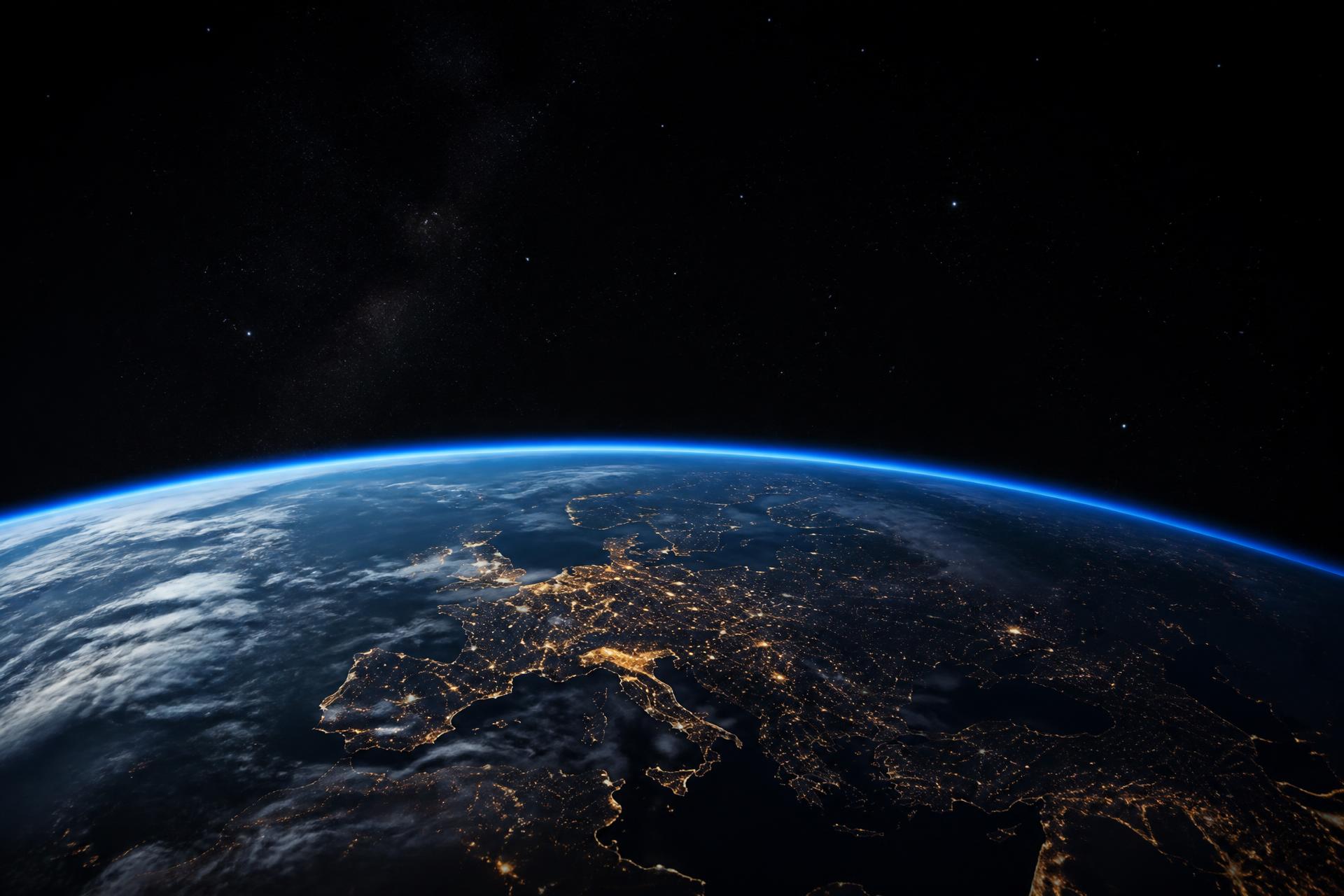 Vista da Terra a partir da órbita, com luzes de cidades e atmosfera azul